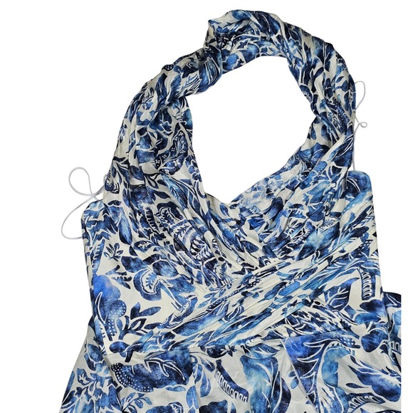 Auth RALPH LAUREN PURPLE LABEL Runway Silk Halter Dress Blue Floral Porcelain 8 - Picture 6 of 16